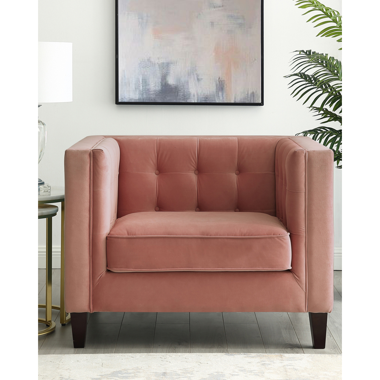 Pax Velvet Button Tufted Club Chair-Espresso Tapered Legs-Square Arms-By Inspired Home - Blush