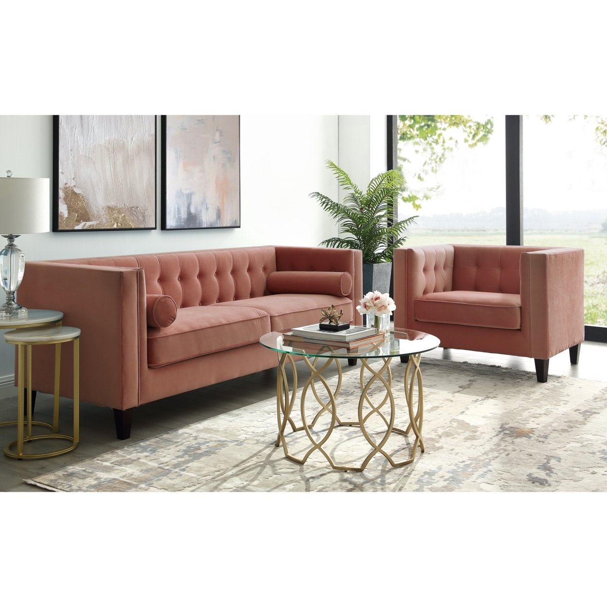 Pax Velvet Club Chair Or Sofa-Button Tufted-Tapered Legs-Square Arms-Inspired Home - Blush, Club Chair