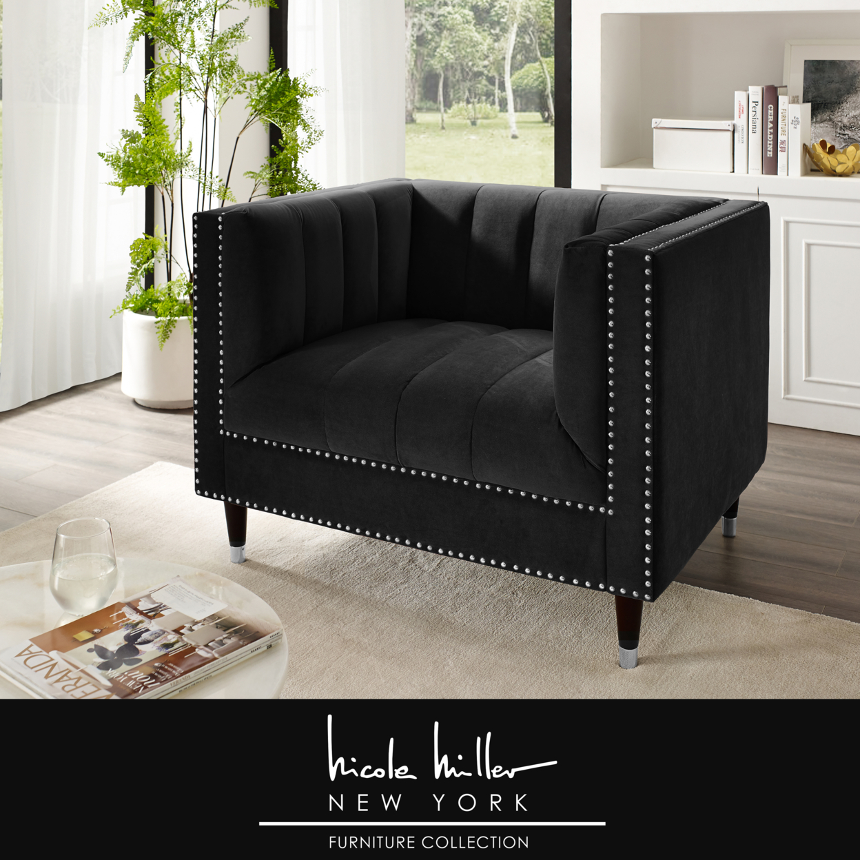 Geoffey Velvet Club Chair Or Sofa-Channel Tufted-Nailhead Trim-Metal Tip Legs-By Nicole Miller - Black/ Chrome, Club Chair