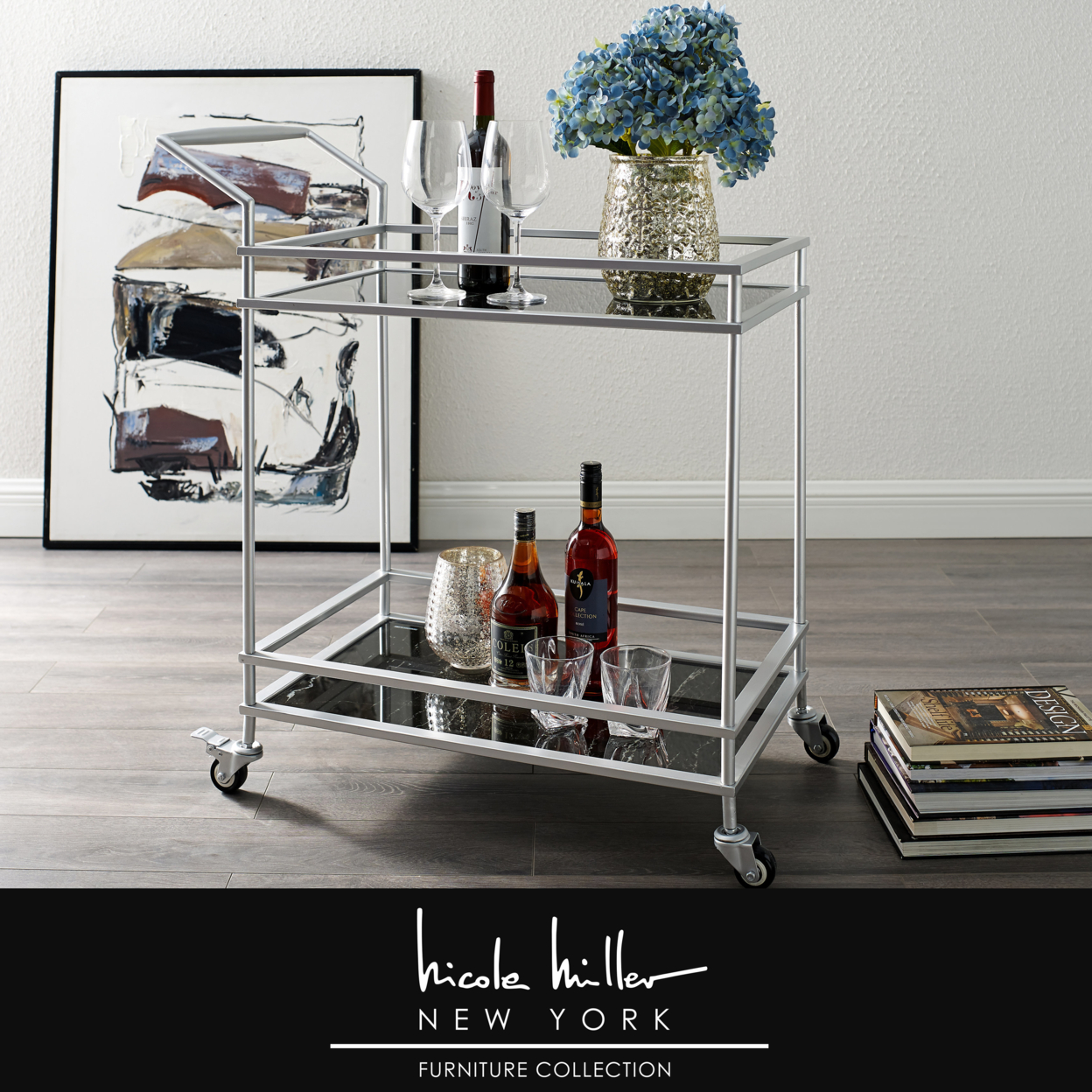 Amaya Serving Bar Cart-2 Storage Shelves-Casters- 2 Locking-Modern Matte Frame-By Nicole Miller - Walnut/ Gold