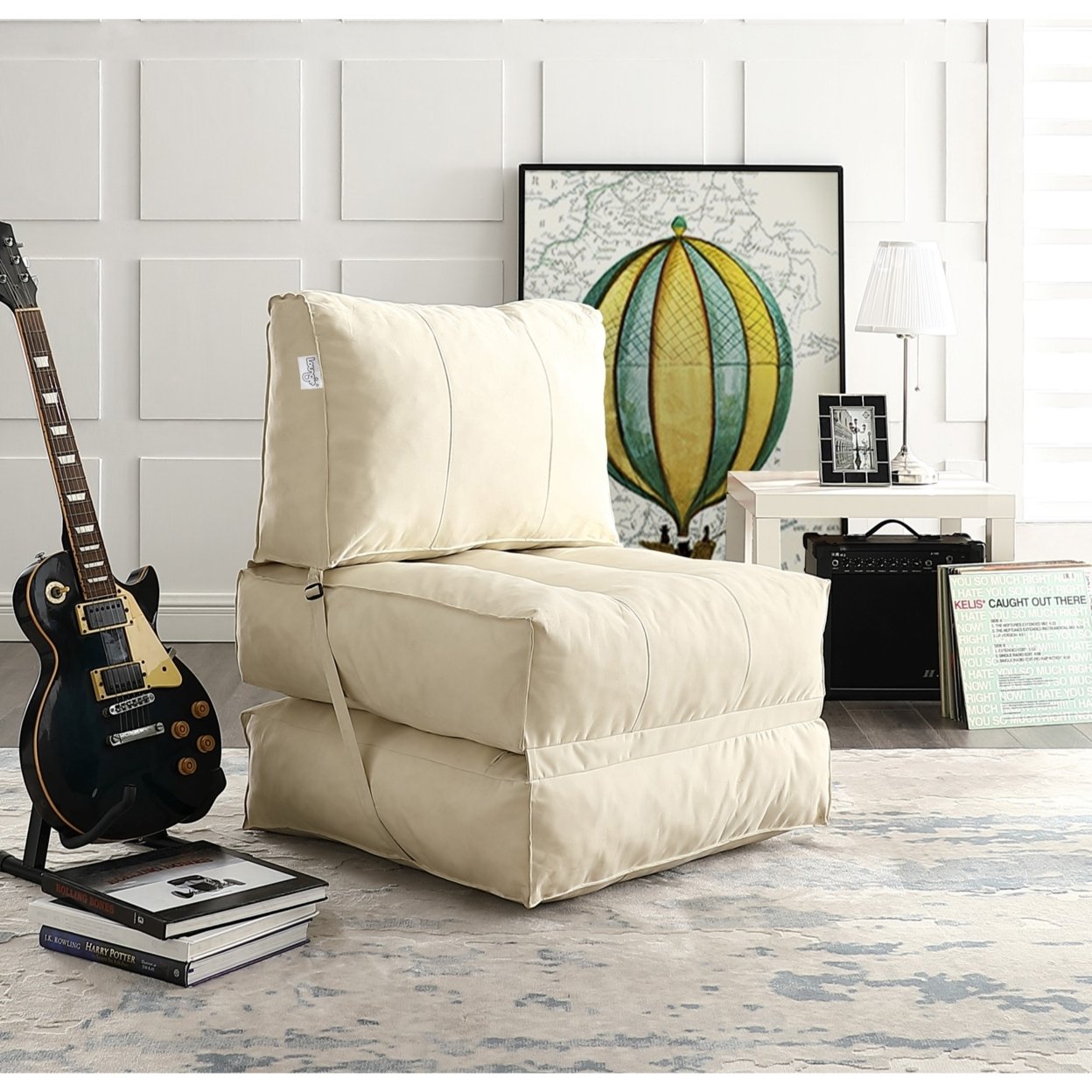 Loungie Cloudy Foam Lounge Chair-Convertible Bean Bag-Indoor- Outdoor-Self Expanding-Water Resistant - Beige