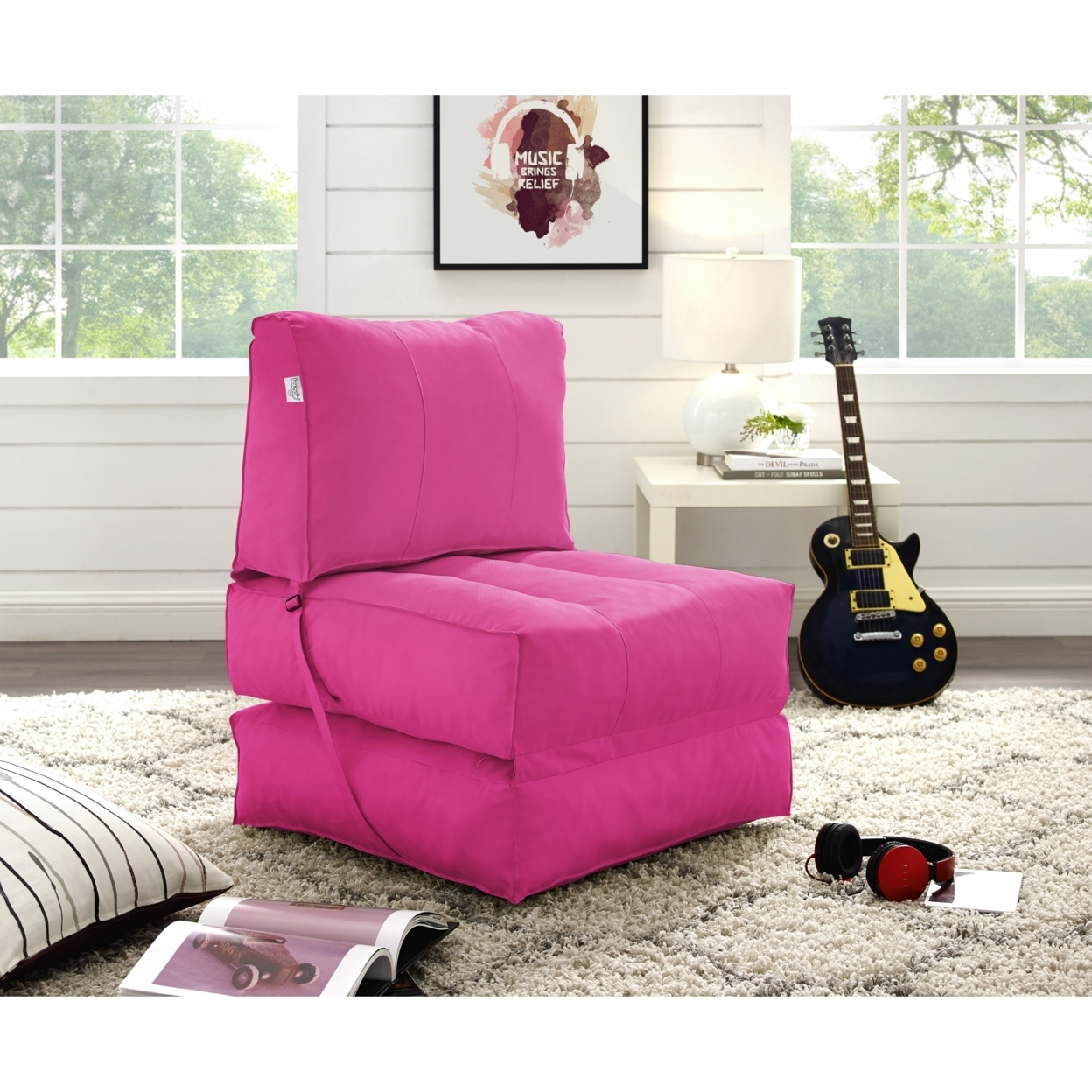 Loungie Cloudy Foam Lounge Chair-Convertible Bean Bag-Indoor- Outdoor-Self Expanding-Water Resistant - Fuchsia - pink
