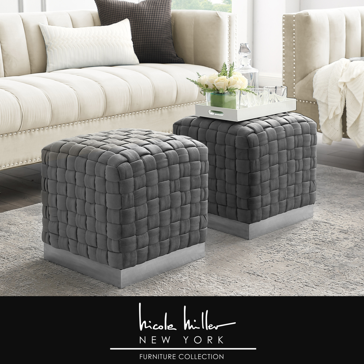 Griffin Velvet Woven Cube Ottoman-Luxurious Upholstery- Stainless Steel Base-1 PC-By Nicole Miller - Grey/ Chrome