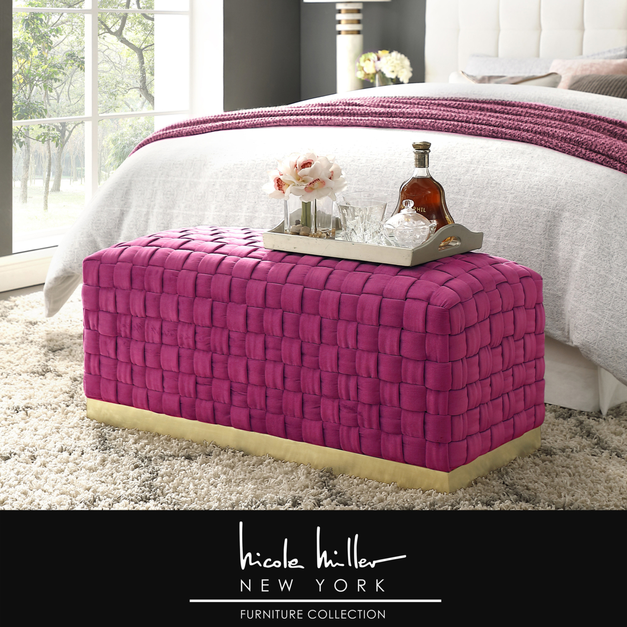 Griffin Velvet Hand Woven Bench-Luxurious Upholstery-Matte Stainless Steel Base-By Nicole Miller - Fuchsia/ Gold