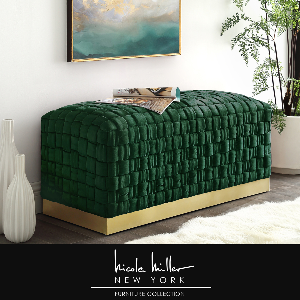 Griffin Velvet Hand Woven Bench-Luxurious Upholstery-Matte Stainless Steel Base-By Nicole Miller - Hunter Green/ Gold