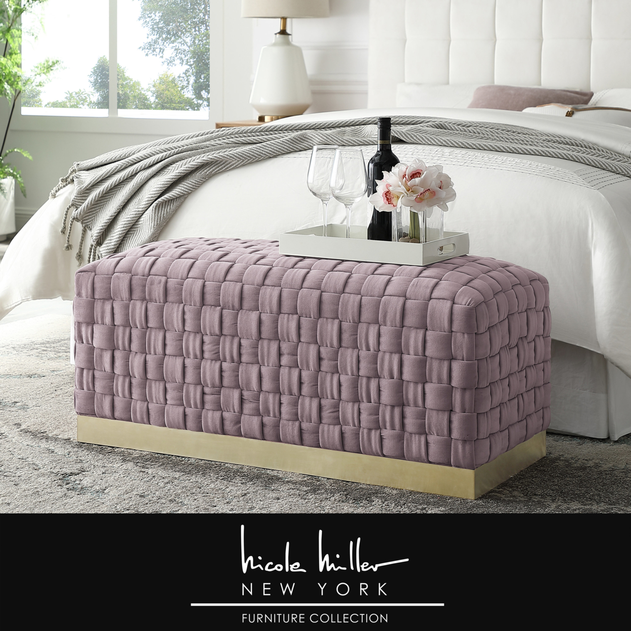 Griffin Velvet Hand Woven Bench-Luxurious Upholstery-Matte Stainless Steel Base-By Nicole Miller - Lilac/ Gold