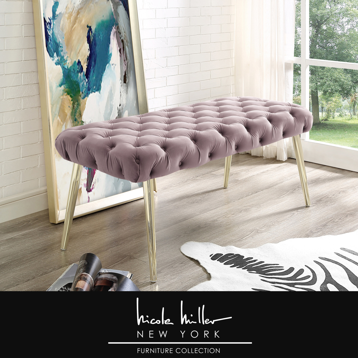 Jilynn Velvet Button Tufted Bench-Sturdy Metal Glossy Tapered Legs-Elegant Design-By Nicole Miller - Lilac/ Gold
