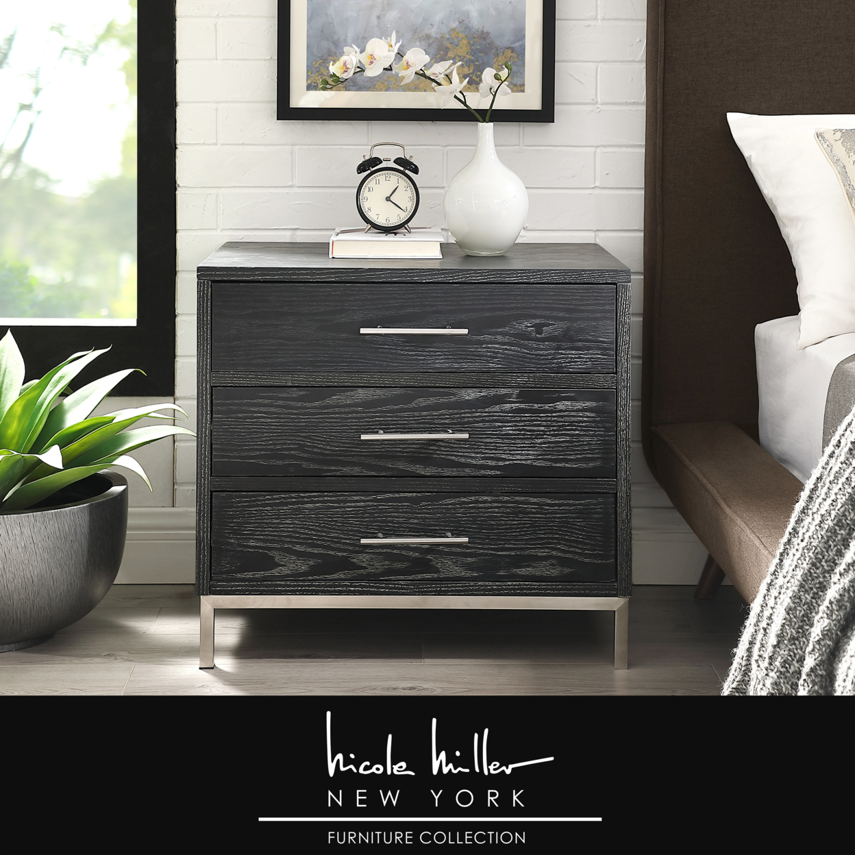 Treni 3 Drawers Nightstand-T-Bar Handle-Stainless Steel Base-Wood Finish-By Nicole Miller - Black/chrome