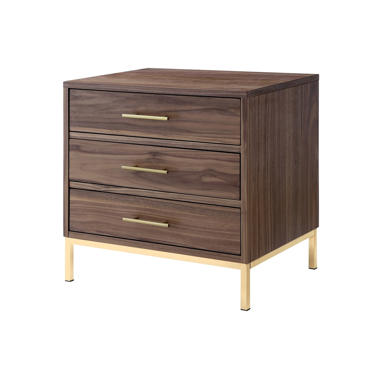 Treni 3 Drawers Nightstand-T-Bar Handle-Stainless Steel Base-Wood Finish-By Nicole Miller - Walnut/gold