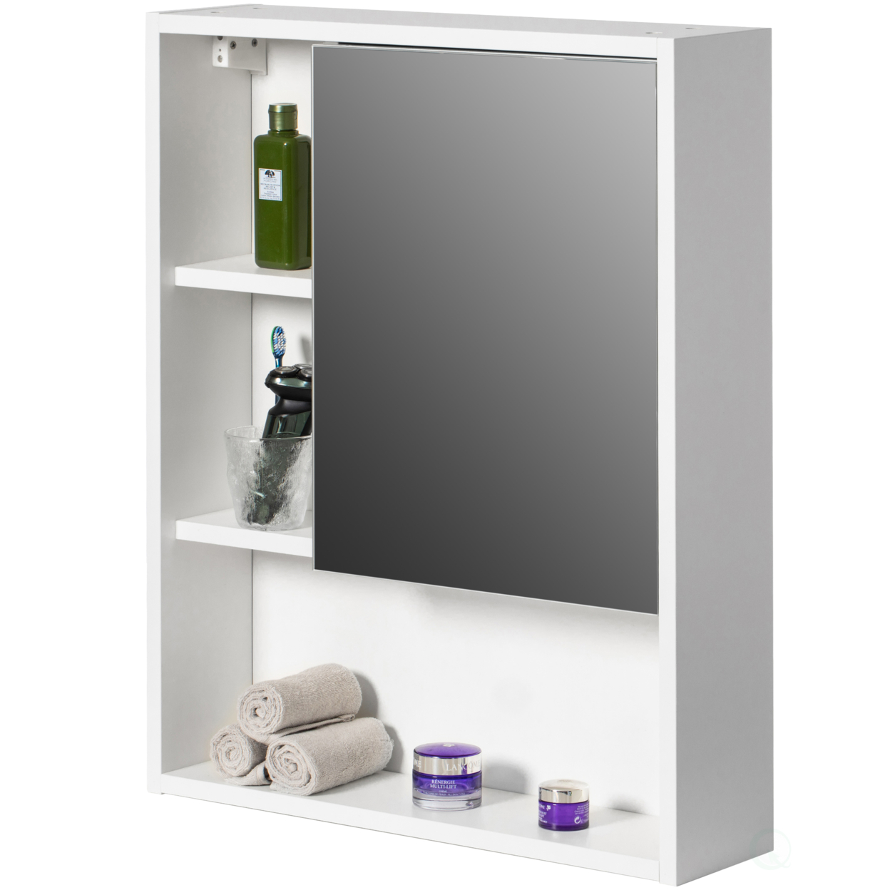 Wall Mount Bathroom Mirrored Storage Cabinet With Open Shelf 2 Adjustable Shelves Medicine Organizer Storage Furniture - White