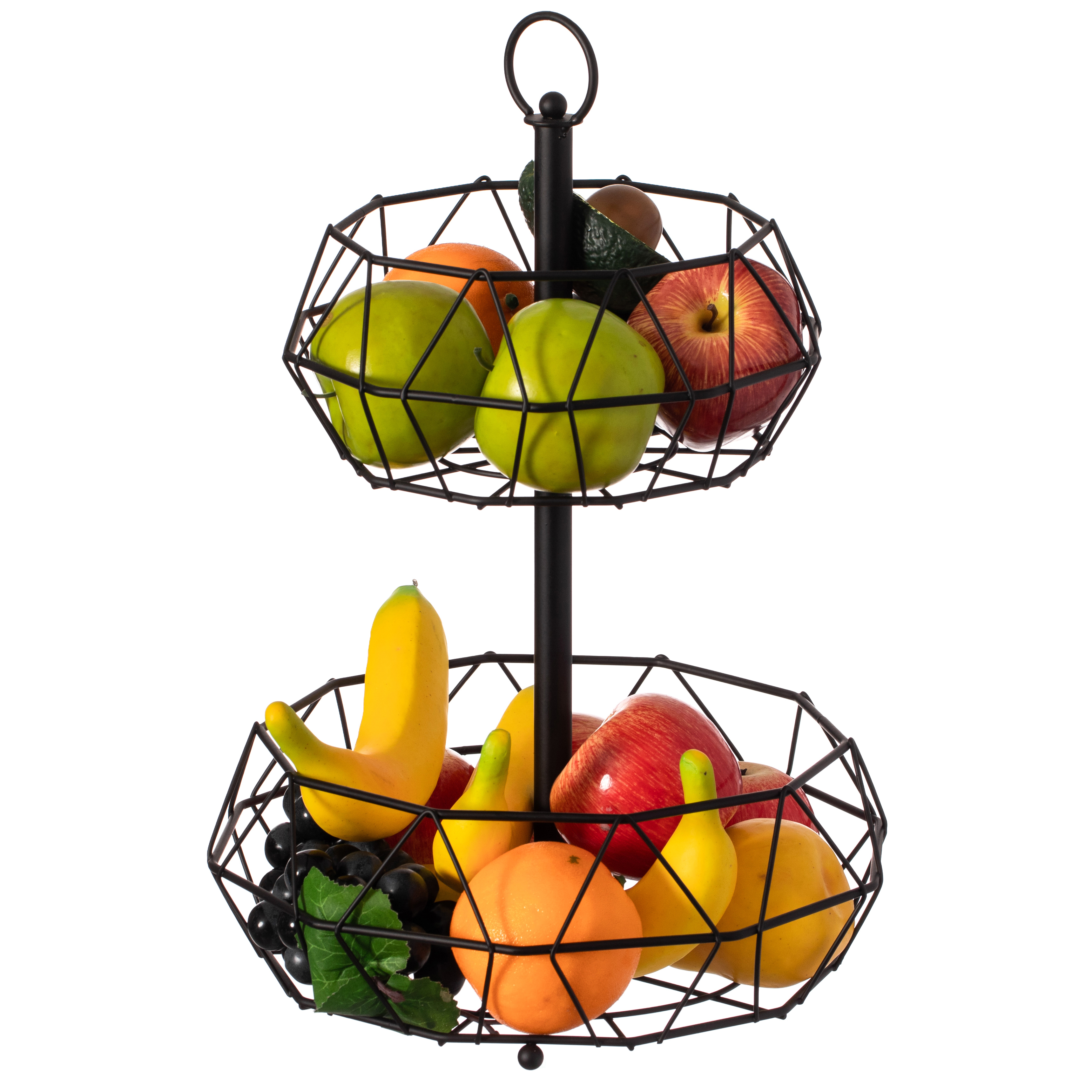 2 Tier Free Standing Countertop Fruit Basket For Kitchen Detachable Carbon Steel Stable Fruit Storage Organizer, Black