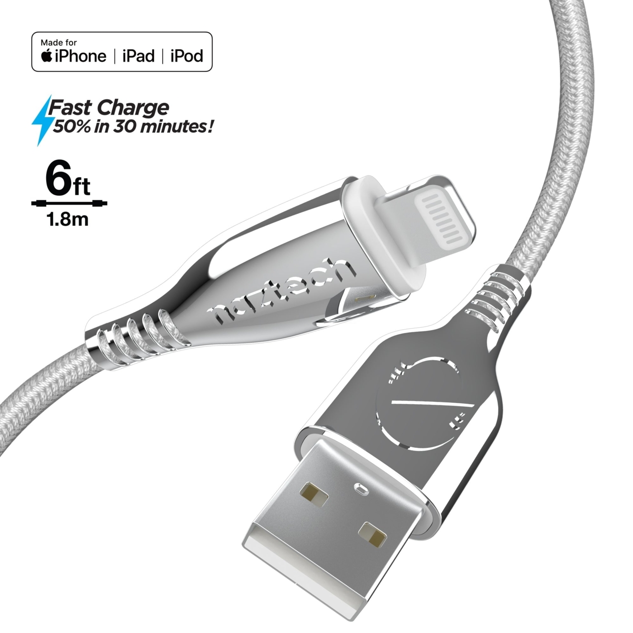 Naztech Titanium USB To MFi Lightning Braided Cable 6ft - White