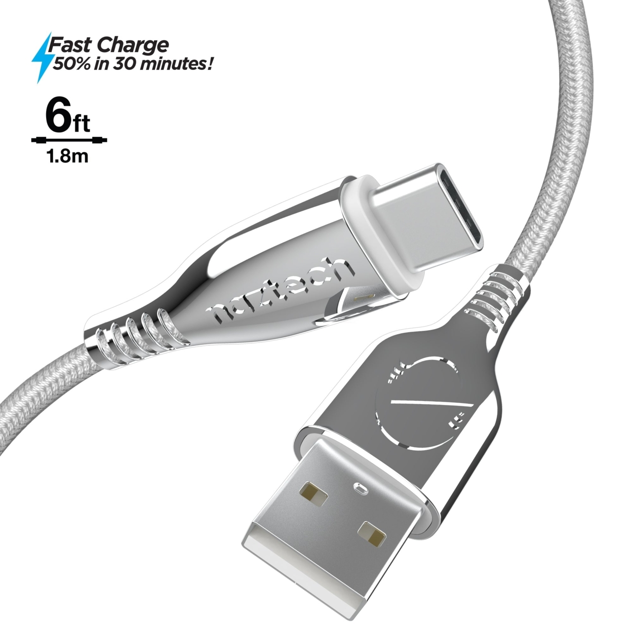 Naztech Titanium USB To USB-C Braided Cable 6ft - White