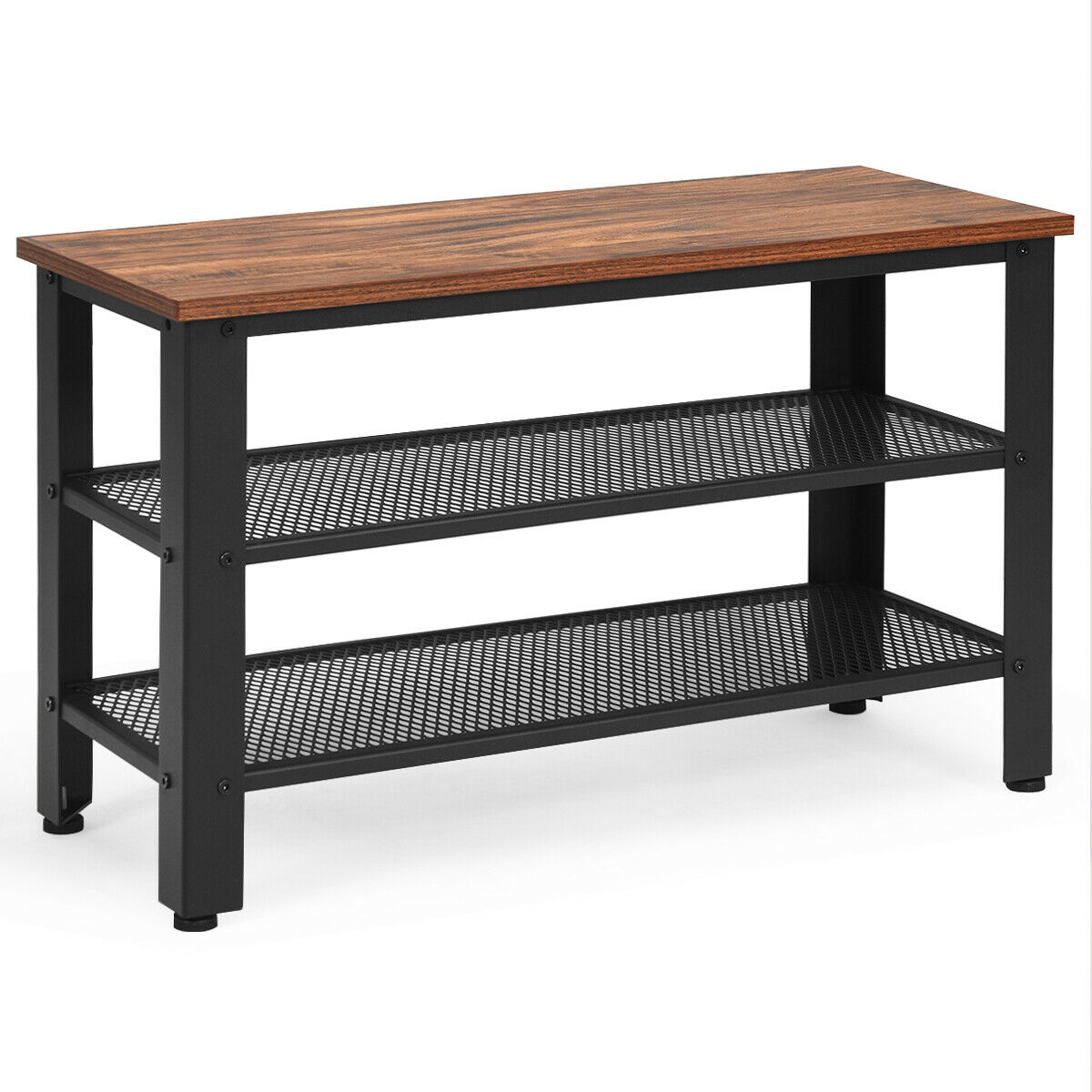 3-Tier Shoe Rack Industrial Shoe Bench With Storage Shelves For LivingRoom - Black And Brown