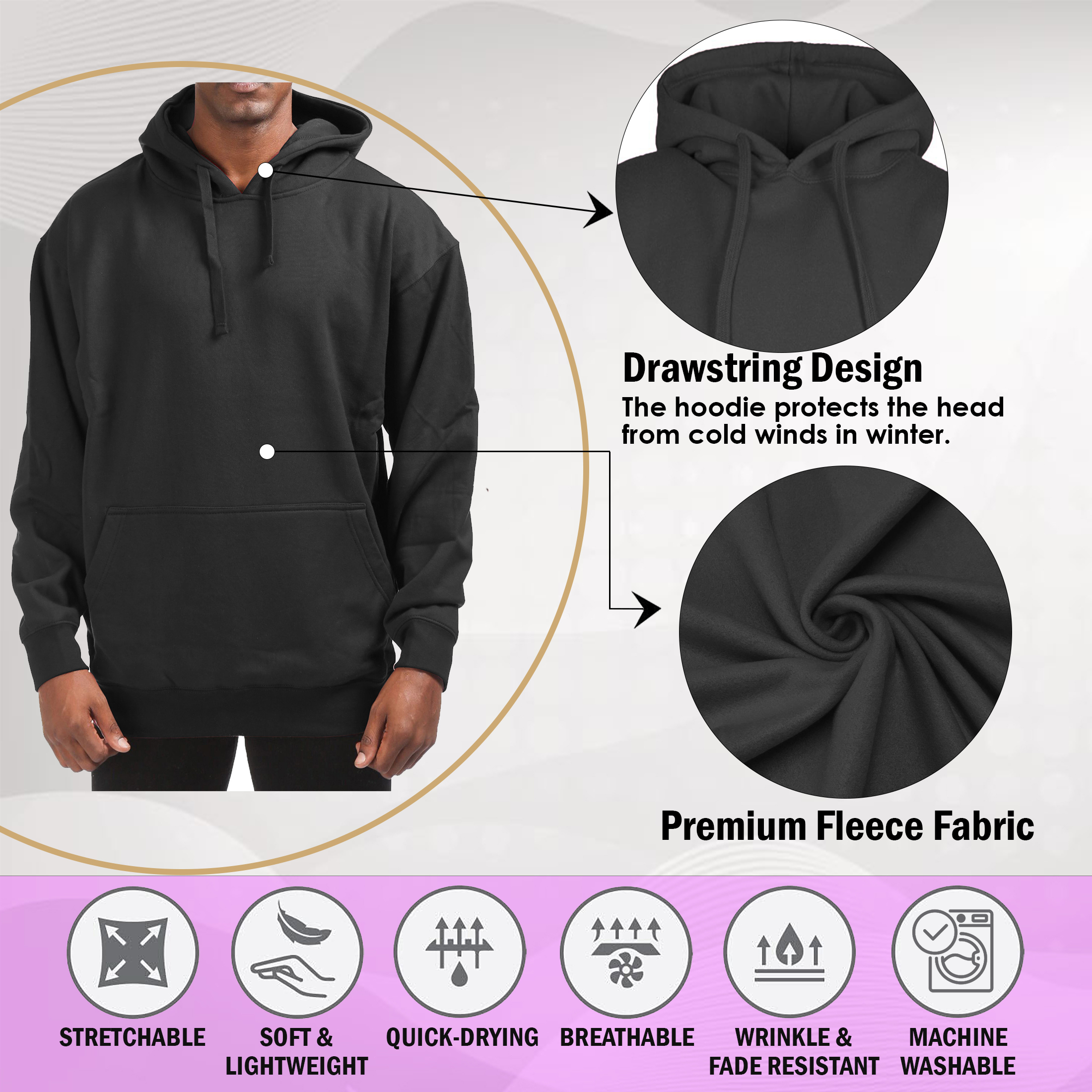 Men's Cotton-Blend Fleece Pullover Hoodie With Pocket (Big & Tall Sizes Available) - Black, X-Large