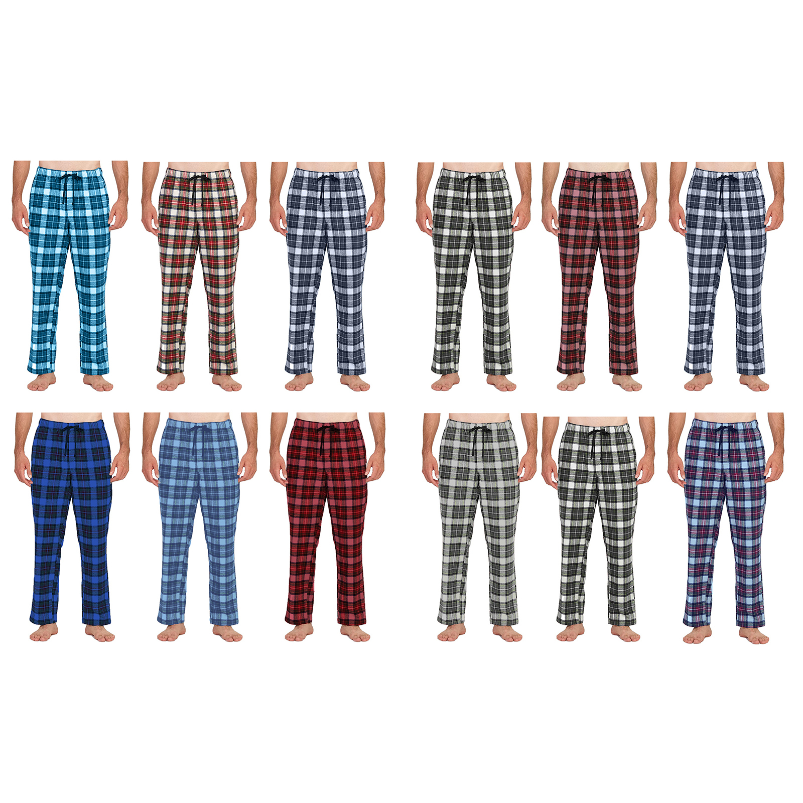 3-Pack: Men's Soft 100% Cotton Flannel Plaid Lounge Pajama Sleep Pants - Large