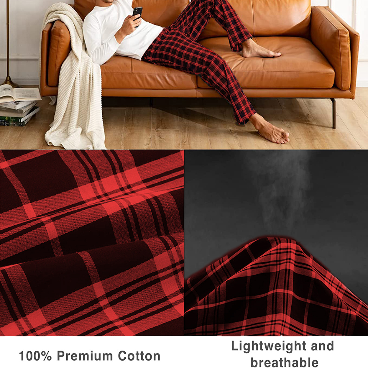 3-Pack: Men's Soft 100% Cotton Flannel Plaid Lounge Pajama Sleep Pants - Large