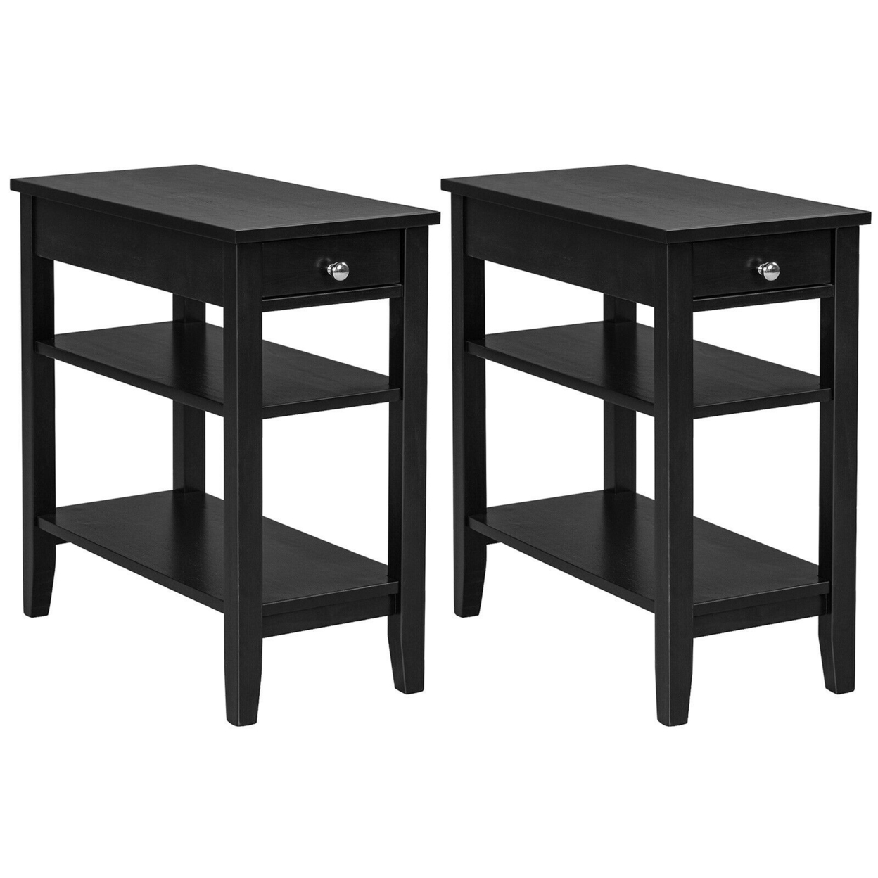2PCS 3-Tier End Table Sofa Side Table Nightstand W/ Shelf & Drawer - Black