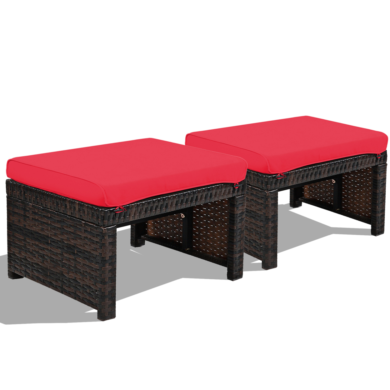 Set Of 2 Rattan Ottoman Footrest Footstool Patio Furniture W/ Cushion - Red