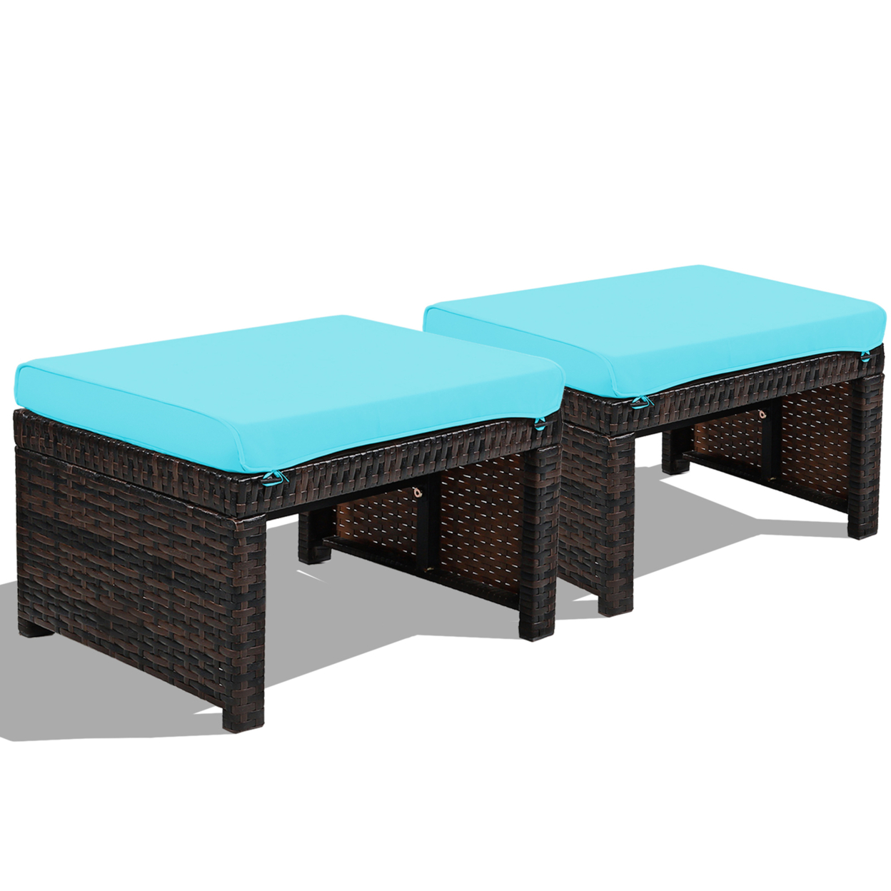 Set Of 2 Rattan Ottoman Footrest Footstool Patio Furniture W/ Cushion - Turquoise