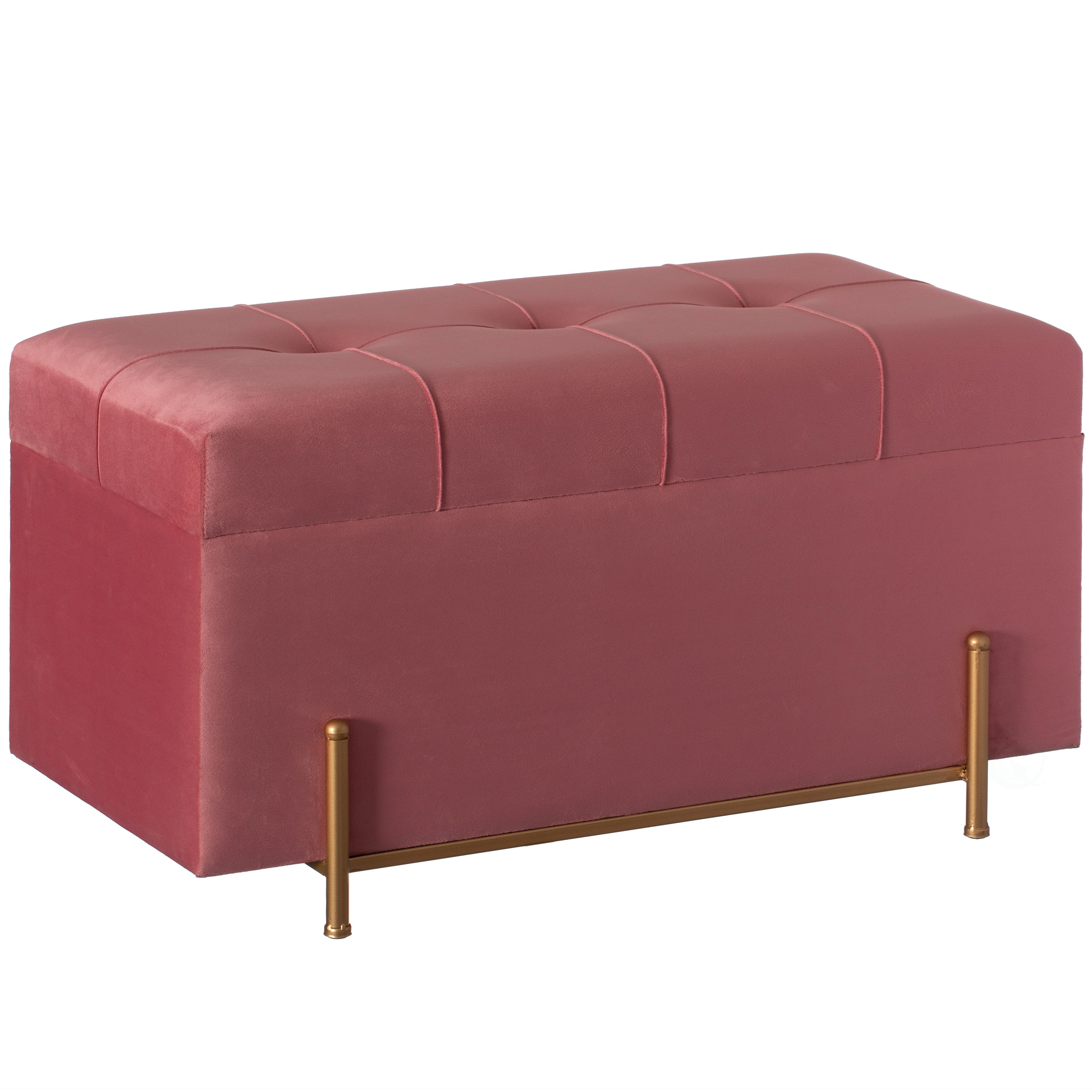 Large Rectangle Velvet Storage Ottoman Stool Box with Golden Legs Decorative Sitting Bench for Living Room Home Decor - Pink