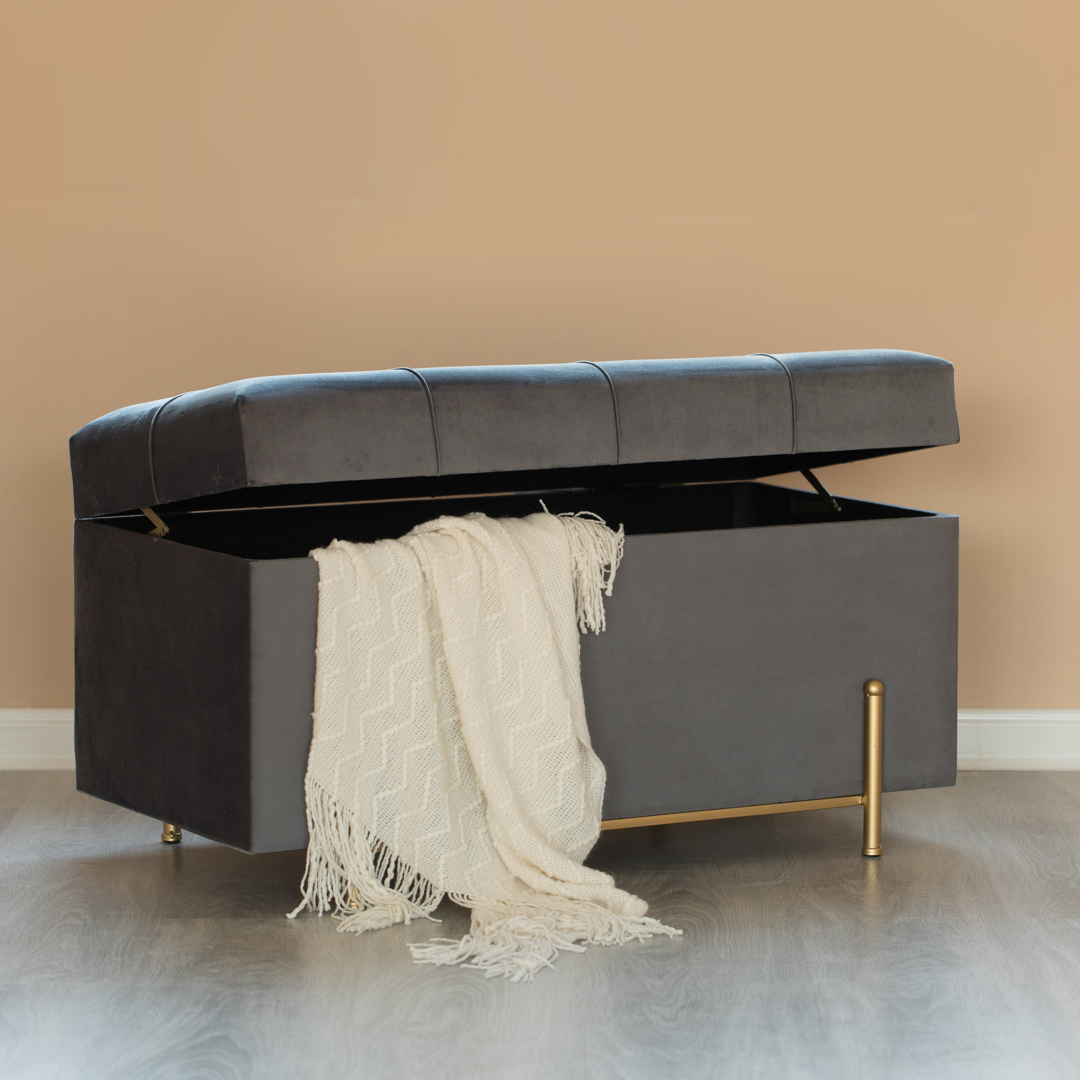 Large Rectangle Velvet Storage Ottoman Stool Box With Golden Legs Decorative Sitting Bench For Living Room Home Decor - Black