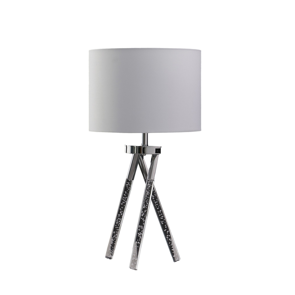 27 Inch Accent Table Lamp, Hardback Fabric Drum Shade, White, Silver Chrome- Saltoro Sherpi