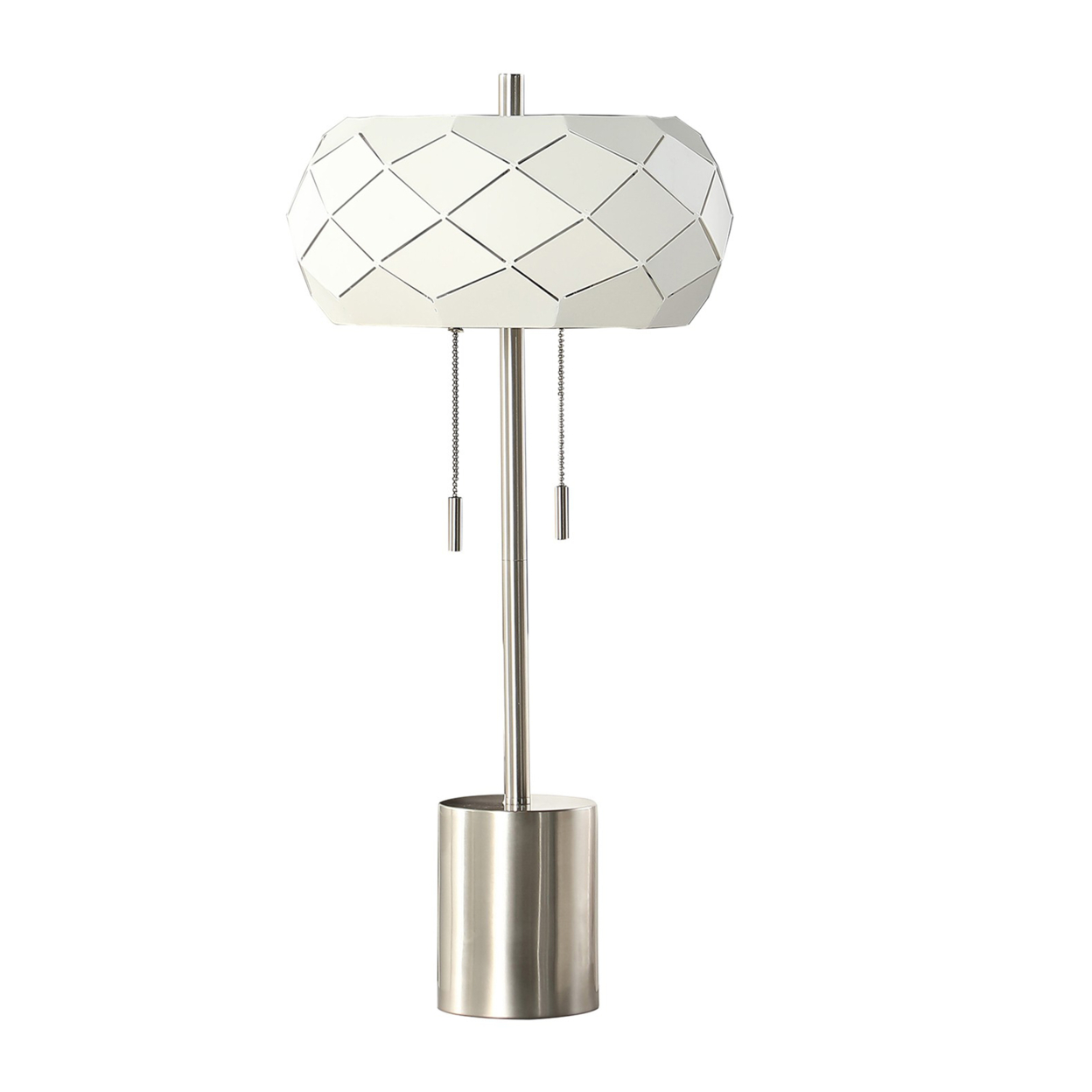28 Inch Accent Table Lamp, Geometric Drum Shade, Metal Base, White, Silver- Saltoro Sherpi