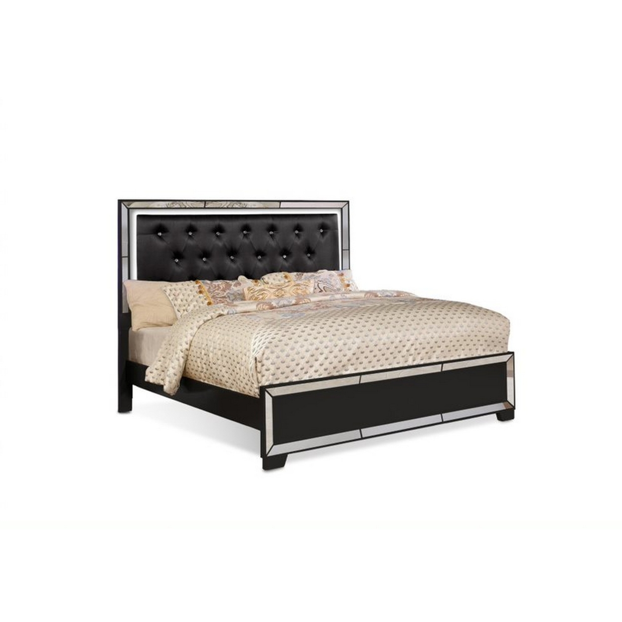 Eli Crystal Tufted Queen Bed, LED, Mirrored Inlays, Wood, Velvet, Black- Saltoro Sherpi