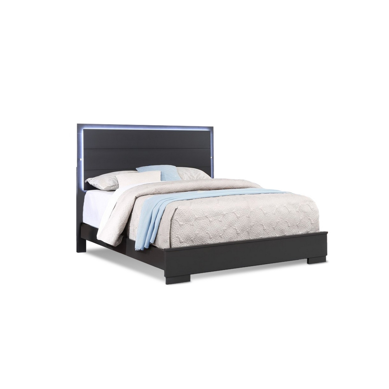Vin Modern Queen Sized Bed, Panel Headboard, LED Light, Charcoal Gray