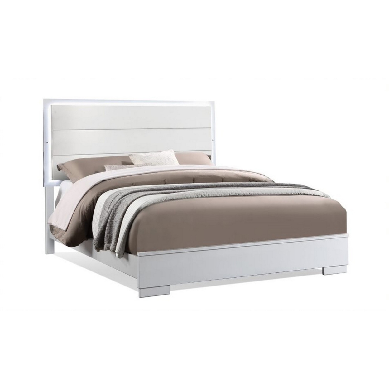 Vin Modern Queen Size Bed, Panel Headboard, LED Light, Crisp White Finish- Saltoro Sherpi