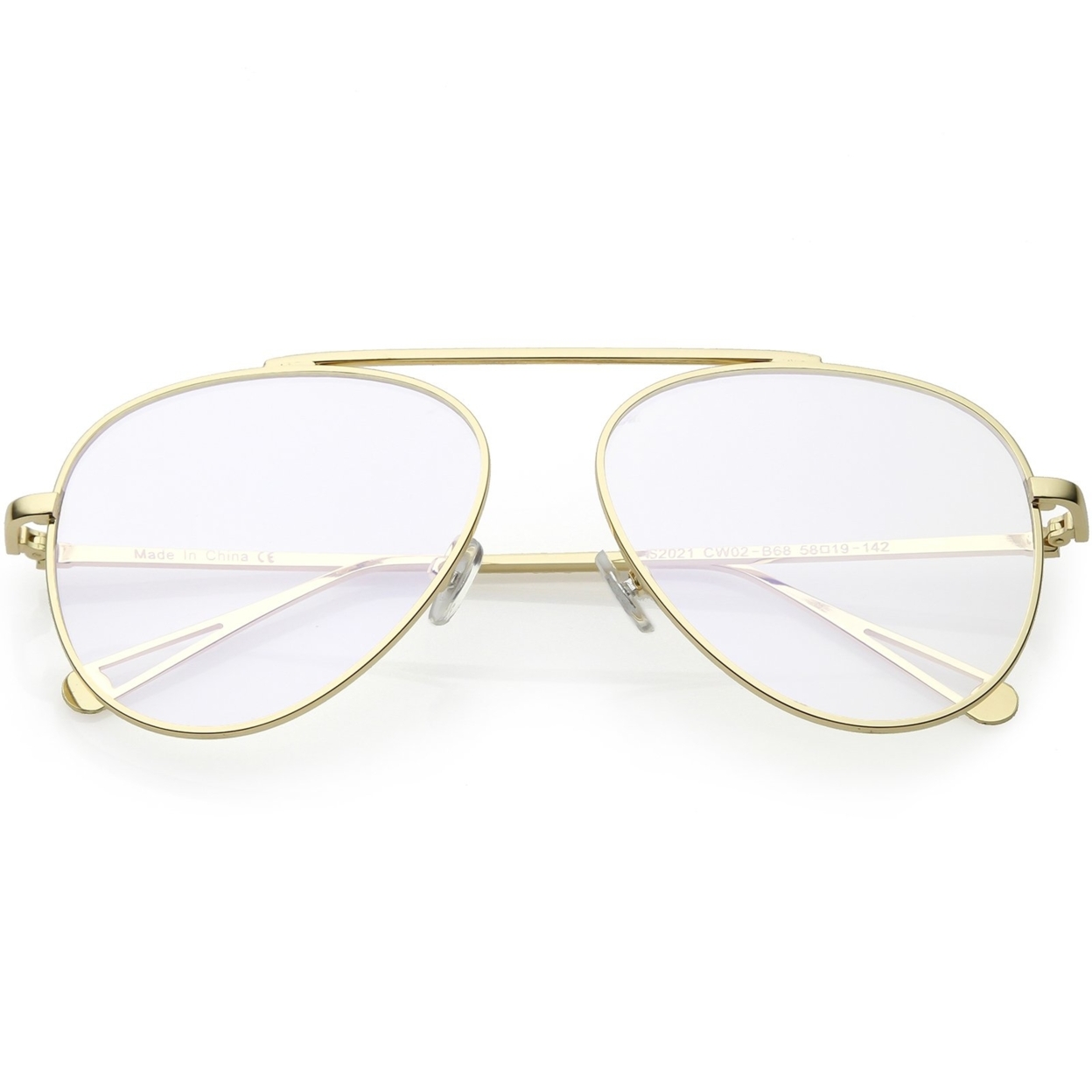 Premium Modern Metal Aviator Eyeglasses Single Brow Bar Clear Flat Lens 57mm - Gold / Clear