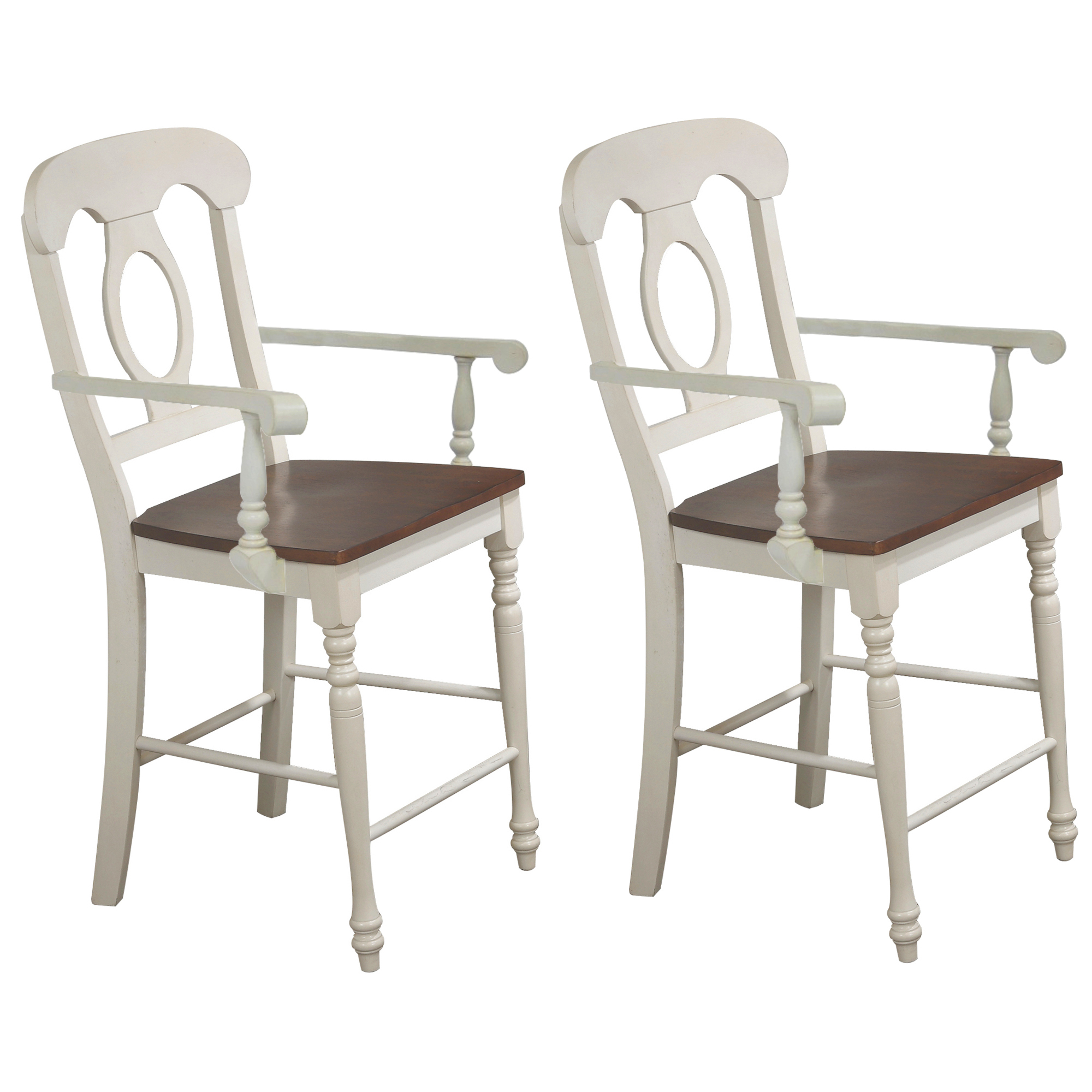 Andrews Bravo 42.5 in. High Back 24 in. Bar Stool with Solid Wood Seat (Set of 2) - Distressed Antique White and Chestnut Brown