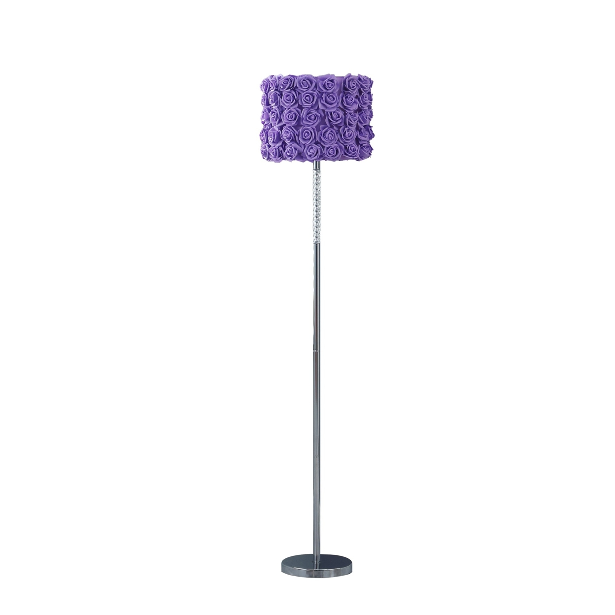 Finn 63 Inch Glamorous Floor Lamp, Rose Accent Shade, 100W, Purple, Silver- Saltoro Sherpi