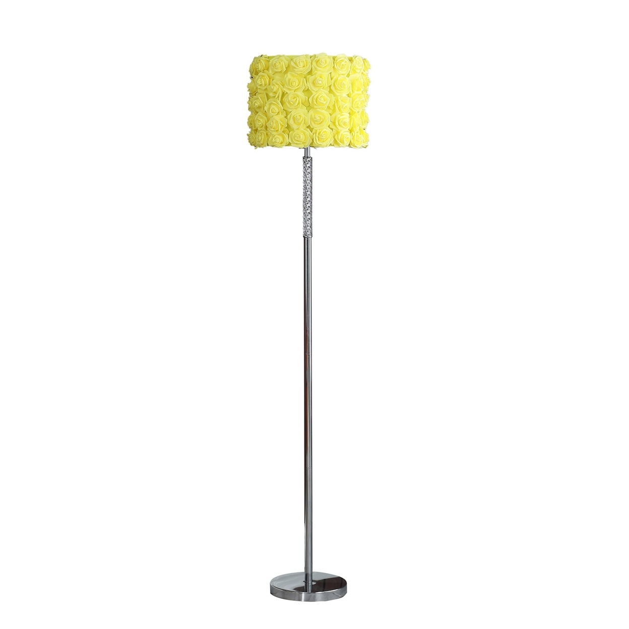 Finn 63 Inch Glamorous Floor Lamp, Rose Accent Shade, 100W, Yellow, Silver- Saltoro Sherpi