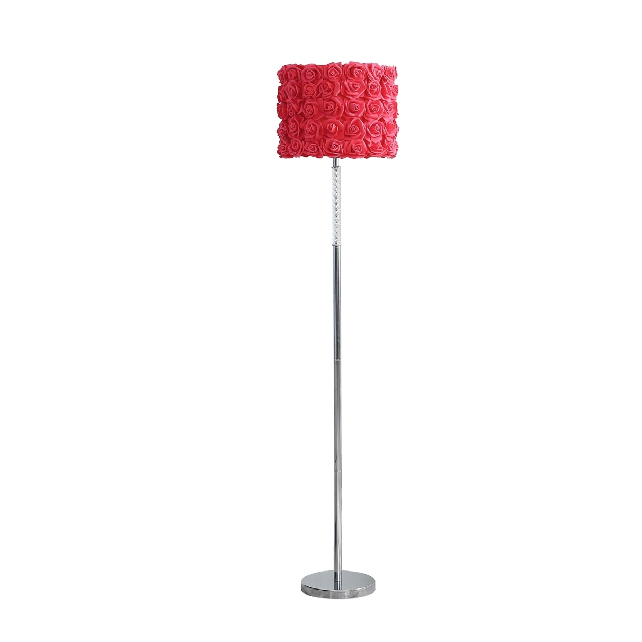 Finn 63 Inch Glamorous Floor Lamp, Rose Accent Shade, 100W, Red, Silver- Saltoro Sherpi