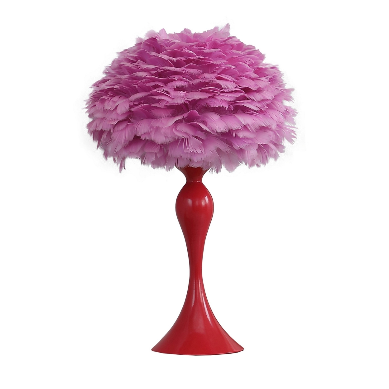 Lily 24 Inch Metal Glam Feather Table Lamp, Candlestick, 40W, Pink, Red- Saltoro Sherpi
