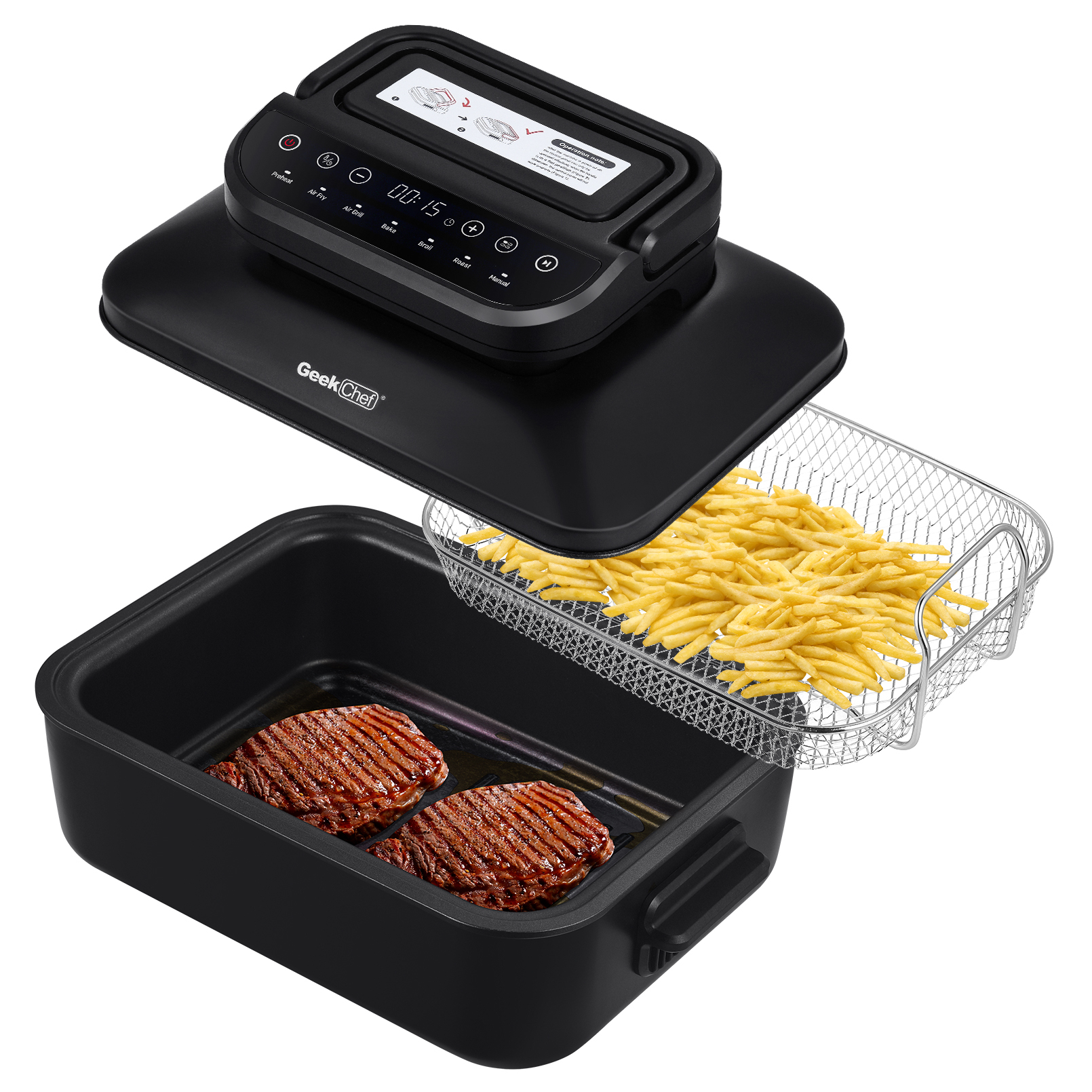 7 In 1 Smokeless Electric Indoor Grill with Air Fry Roast Bake Indoor Tabletop Grill & Griddle with Preset Function