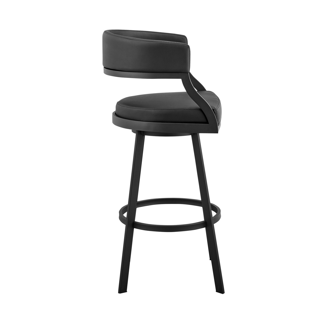 Beth 30 Inch Bar Stool, Curved Back, Swivel Chair, Faux Leather, Black- Saltoro Sherpi