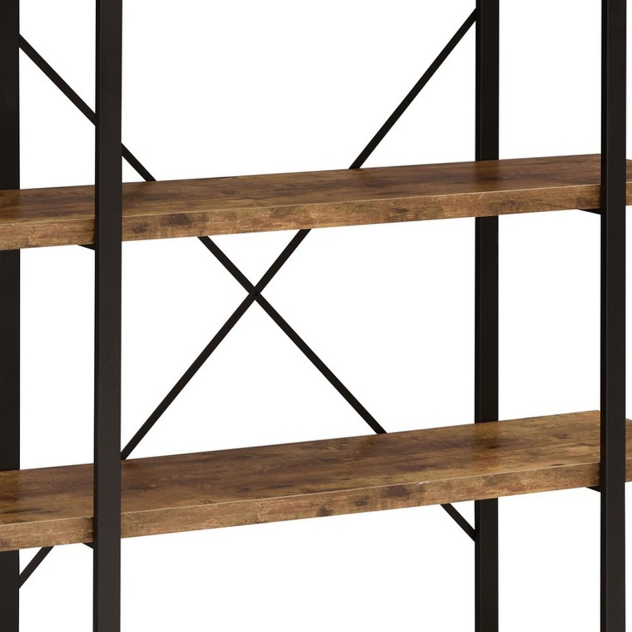 Ana 55 Inch Wood Bookcase, 4 Shelves, Crossed Metal Design, Rustic Brown