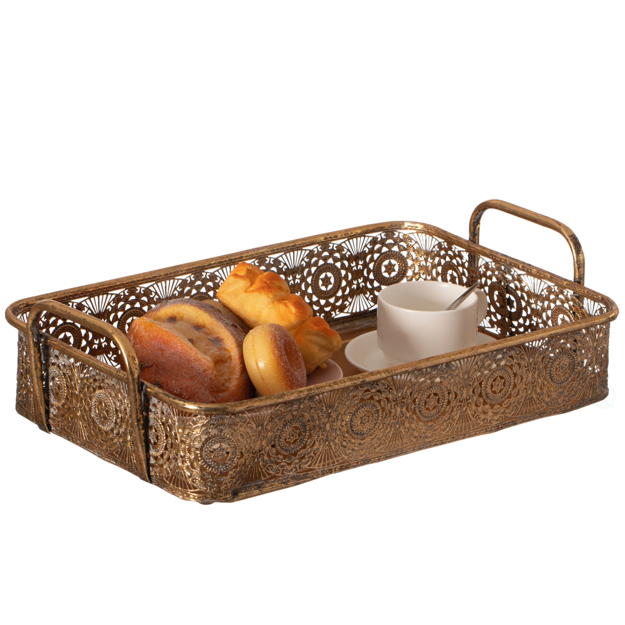 Metal Gold Rectangular Serving Tray With Oval Design And Handles - Large