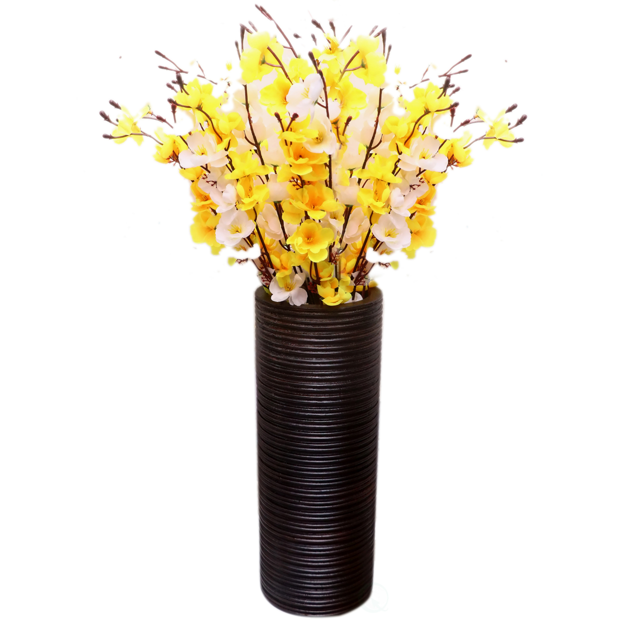 Brown Decorative Contemporary Mango Wood Ribbed Design Cylinder Shaped Vase - Small