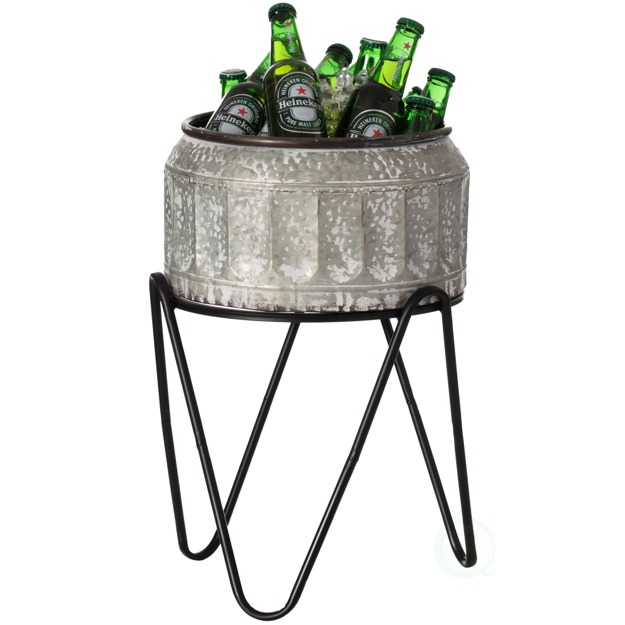 Silver Galvanized Metal Ice Bucket Beverage Cooler Tub With Stand - Large