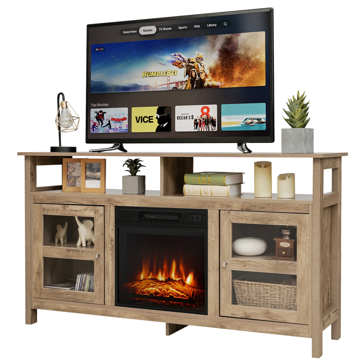 58'' Fireplace TV Stand W/18'' 1400W Electric Fireplace Up To 65'' Natural