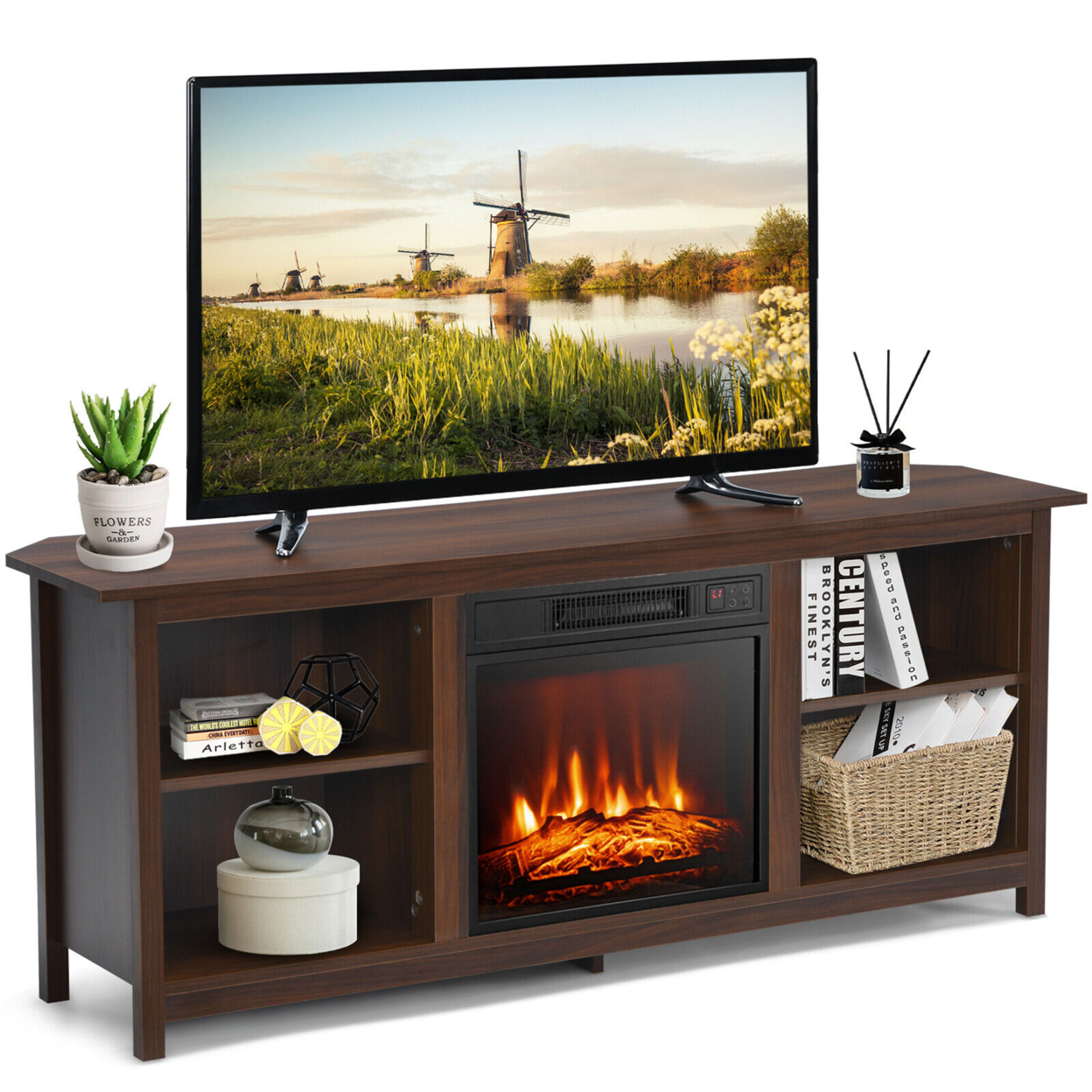 58'' 2-Tier Fireplace TV Stand W/18'' Electric Fireplace Up To 65'' Coffee