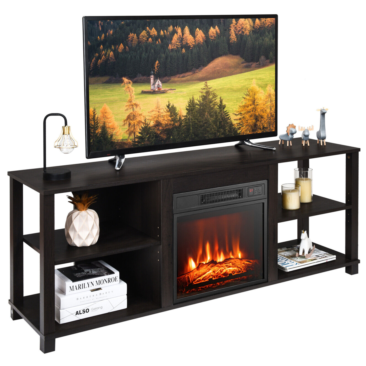 2-Tier TV Stand &Electric Fireplace Heater Storage Cabinet Console For 65 TV