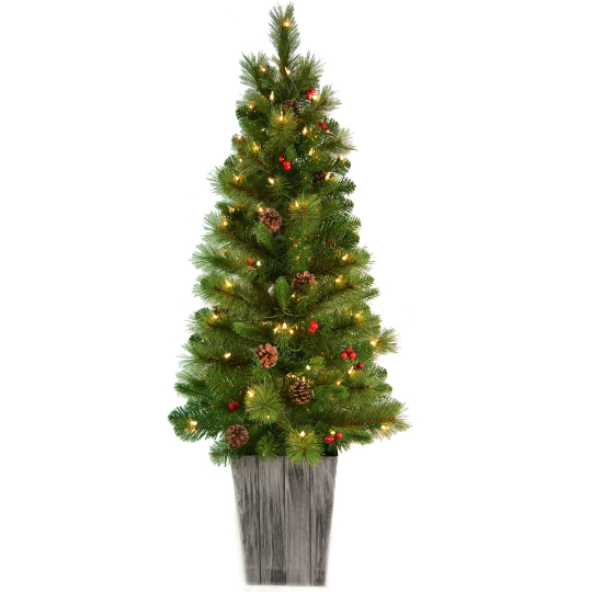 Artificial Christmas Tree Cones, Berries and Lights in Pot 130 Tips 100 Lights- 4'