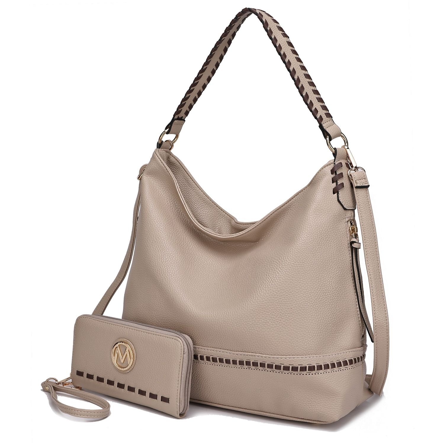 MKF Collection Blake Two-tone Whip Stitches Vegan Leather Women’s Shoulder Bag With Wallet By Mia K- 2 Pieces - Beige
