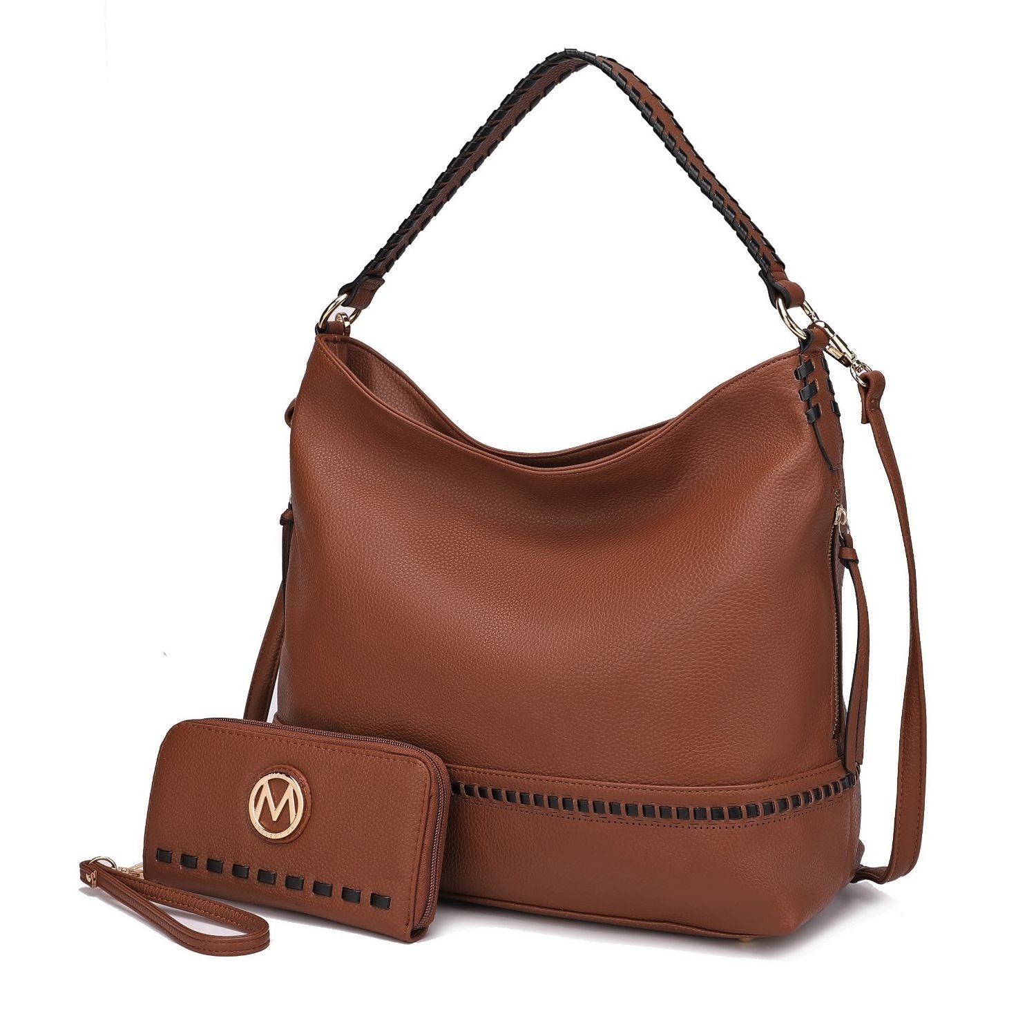 MKF Collection Blake Two-tone Whip Stitches Vegan Leather Women’s Shoulder Bag With Wallet By Mia K- 2 Pieces - Cognac