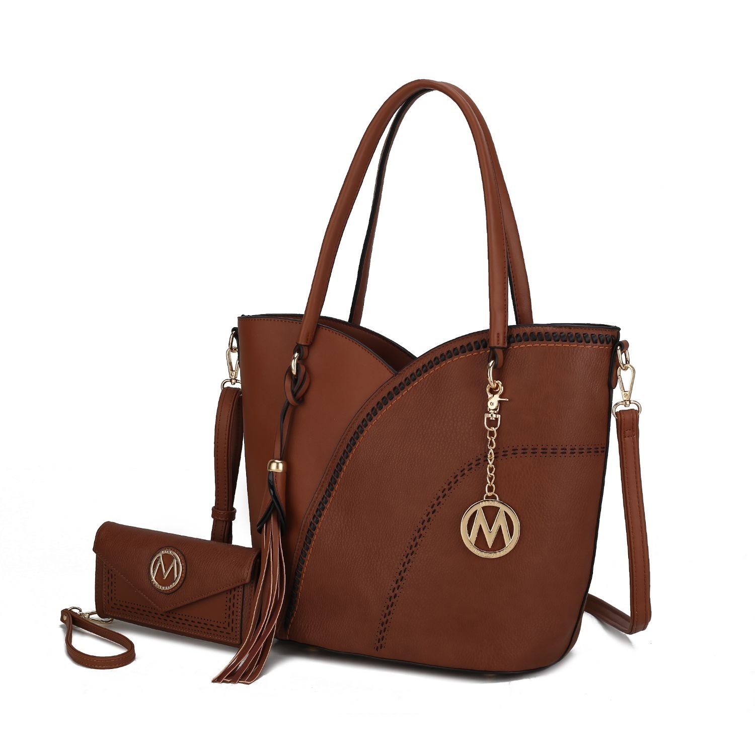 MKF Collection Imogene Two-tone Whip Stitches Vegan Leather Women’s Shoulder Bag With Wallet By Mia K- 2 Pieces - Cognac